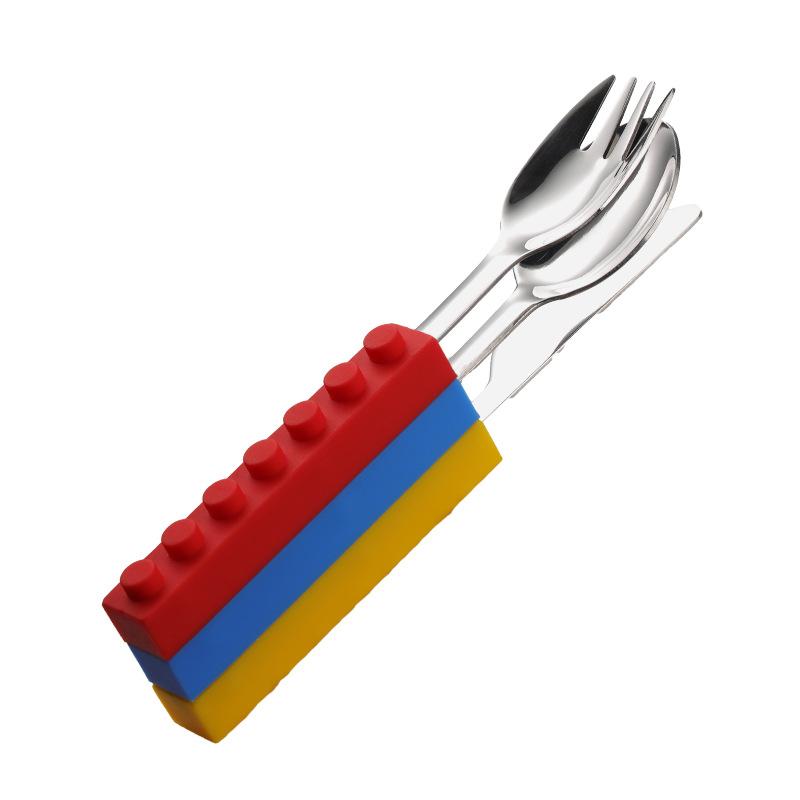 304 Stainless Steel Building Block Knife Fork Spoon Silicone Handle Children Western Food Maternal and Infant Feeding Tableware Toys