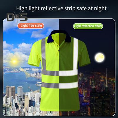High Visibility Safety T-Shirt Button Lapel Tee Shirt with Reflective Tape Quick-dry Breathable Workwear Security Top for Construction Workers