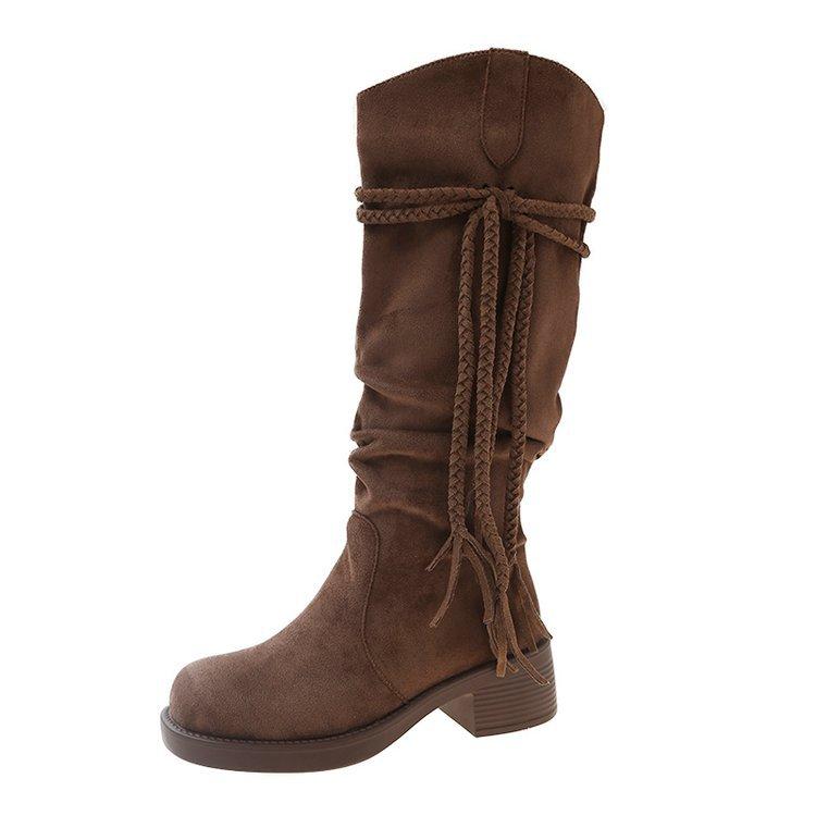 Fashion 2025 Autumn New Tassel Knight Boots Women Black Brown Thick Heeled Solid Mid-calf Boots Stacked Suede Slip on Botas Feminino