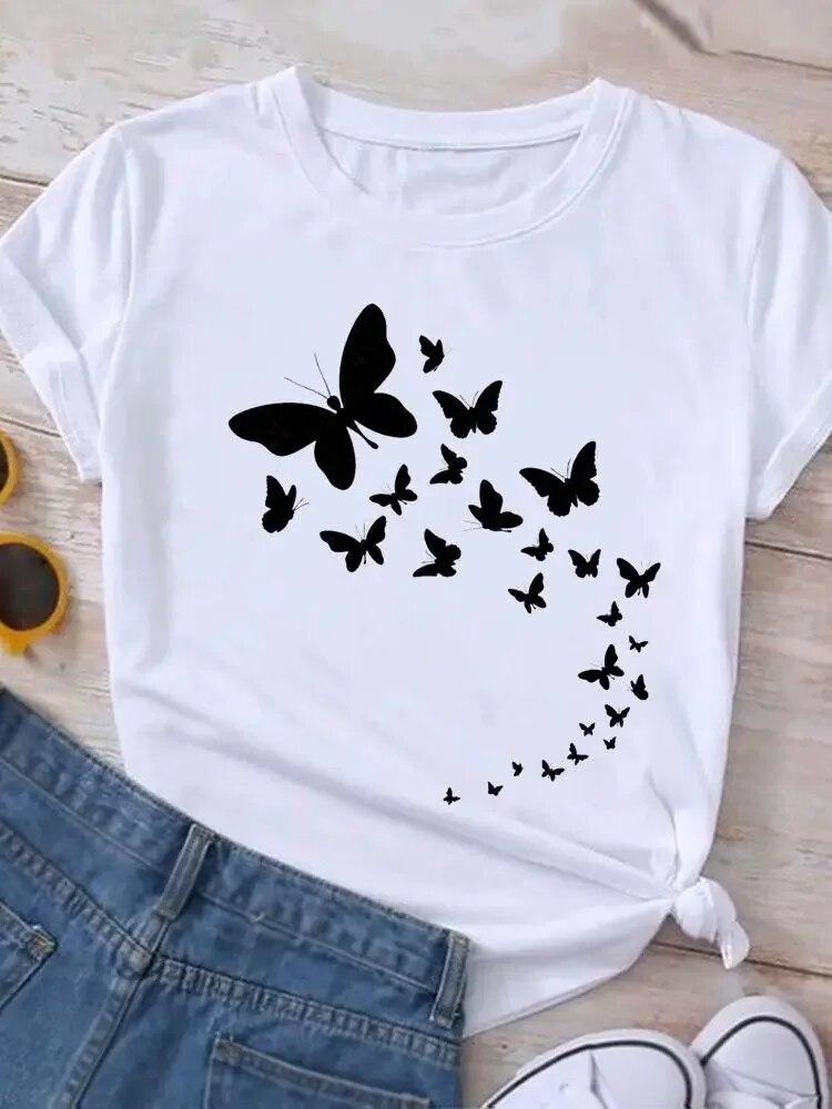 Graphic T Shirt Sunflower Butterfly Cute Summer Casual Clothing Short Sleeve Women Print Fashion Clothes Tee T-shirt FeUnisex Top
