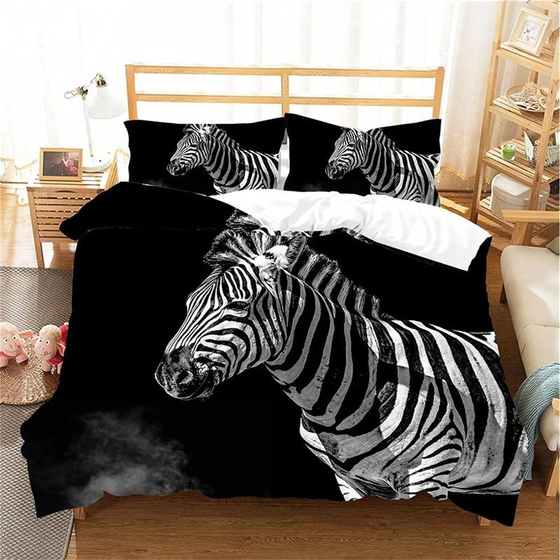 Zebra-Bettbezug-Set, Polyester, Bettbezug, schwarz-weiß gestreift, wilde Tiere, für Kinder und Teenager, Bettwäsche-Set, King- und Queen-Size