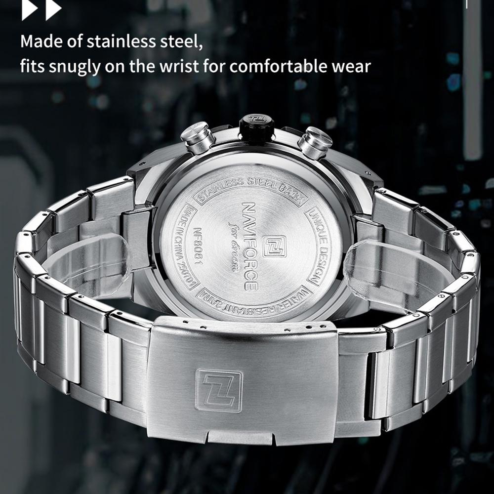 NAVFIROCE Original Men Quartz Watch Stainless Steel Strap Stopwatch Chronograph Date Waterproof Luminous Pointer Men Fashion Watch NF8081