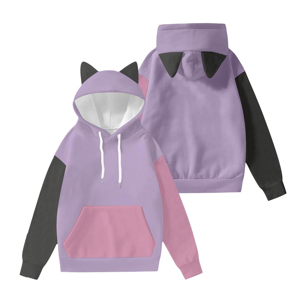Women's Fashion Long-Sleeved Color-Blocked Printed Hooded Sweatshirt With Ears