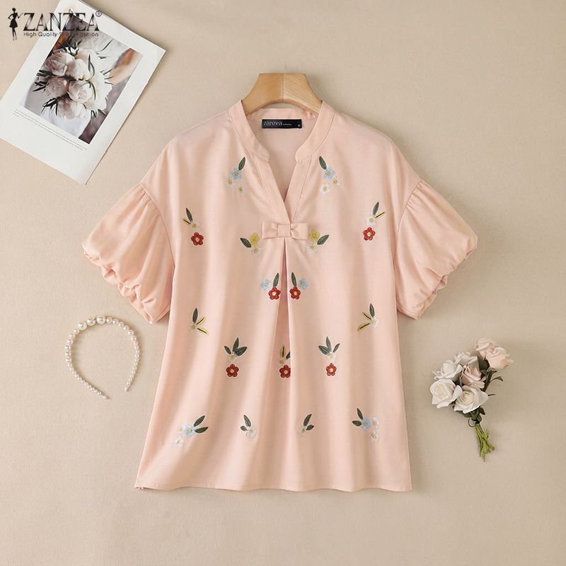 ZANZEA Women Casual V-Neck Loose Floral Print Short Sleeve Blouse