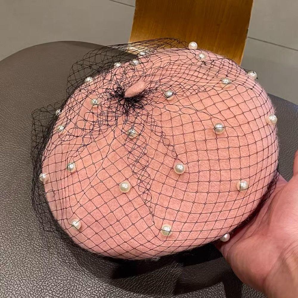 With Mesh Veil Wool Beret for Women Pearl Beanie Caps Elegant Painter Hat Banquet