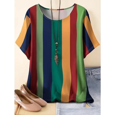 Plus Size Casual Stripe Print Short Sleeve T-Shirt Top for Women Spring Summer