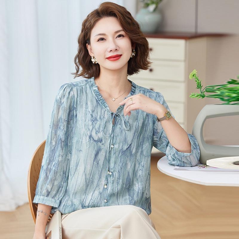 Elegant Chiffon Blouse for Middle-Aged & Elderly Women - Spring/Summer Three-Quarter Sleeve Top