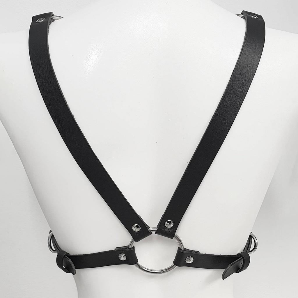 Women's Black Leather Body Harness Top, Adjustable Straps, O-Ring Detail, Gothic Punk Style, Party Clubwear
