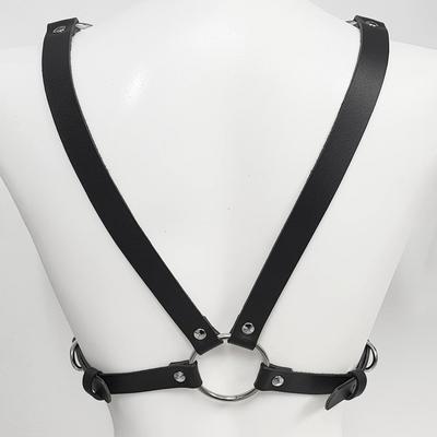 Women's Black Leather Body Harness Top, Adjustable Straps, O-Ring Detail, Gothic Punk Style, Party Clubwear