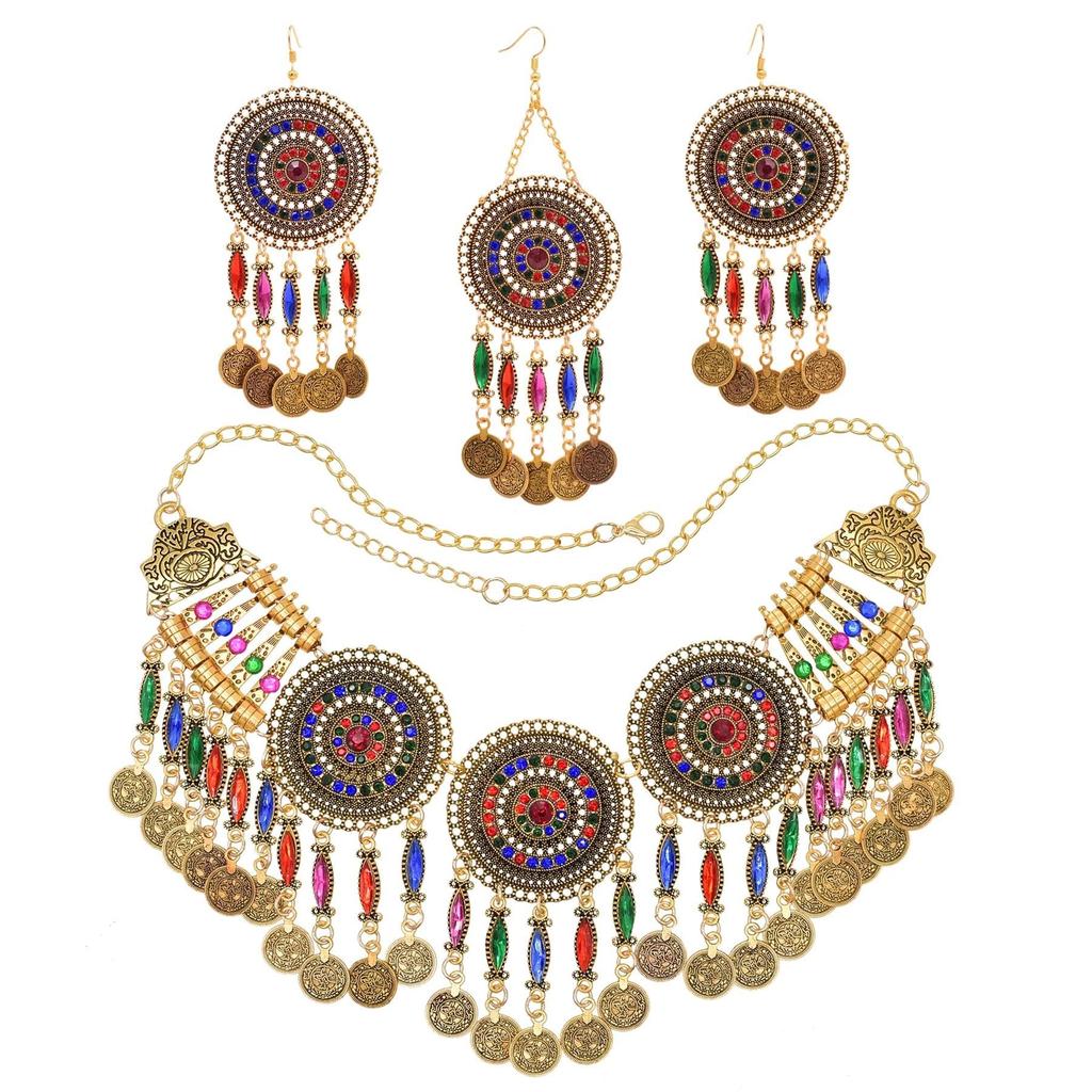 3pcs Indian Afghan Zircon Sets Necklace Earrings Hairbands for Women Boho Ethnic Coins Tassels Colorful Crystal Drop Accessory