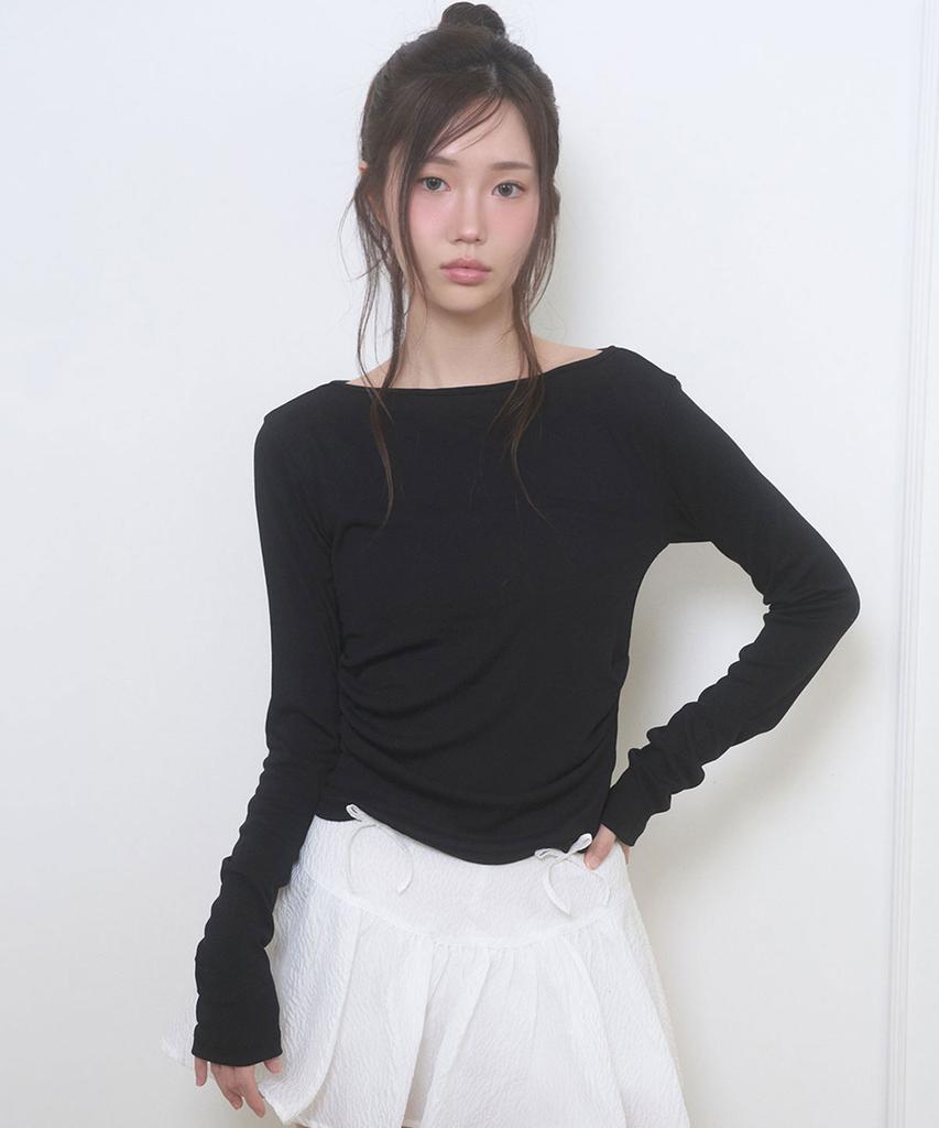 Limekeu Boat Neck Draped Slim Long Sleeve Black