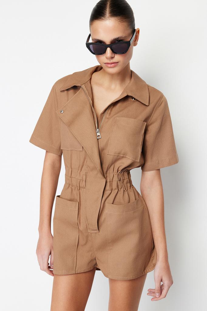 Women's Fashion Overalls Shirt Collar Short White Short Sleeve Belted Denim Overalls