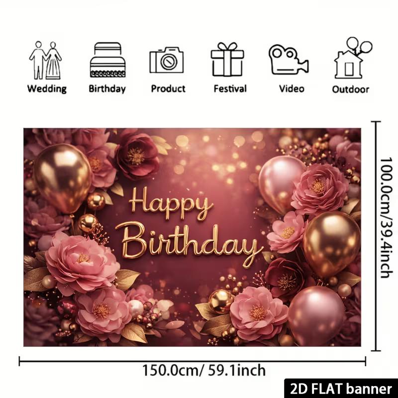 2D Floral Rose Gold Happy Birthday Backdrop Banner for Birthday Party Photography Decoration