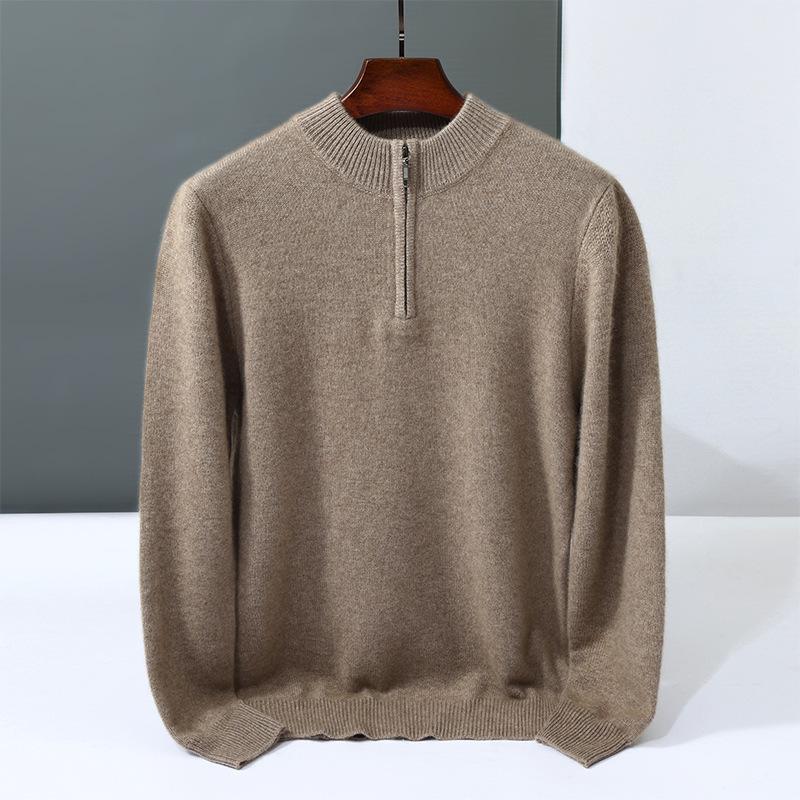 Men's Cashmere Knit Zipper Sweater - Solid Color, Loose Fit, Half-High Collar, Autumn/Winter Collection