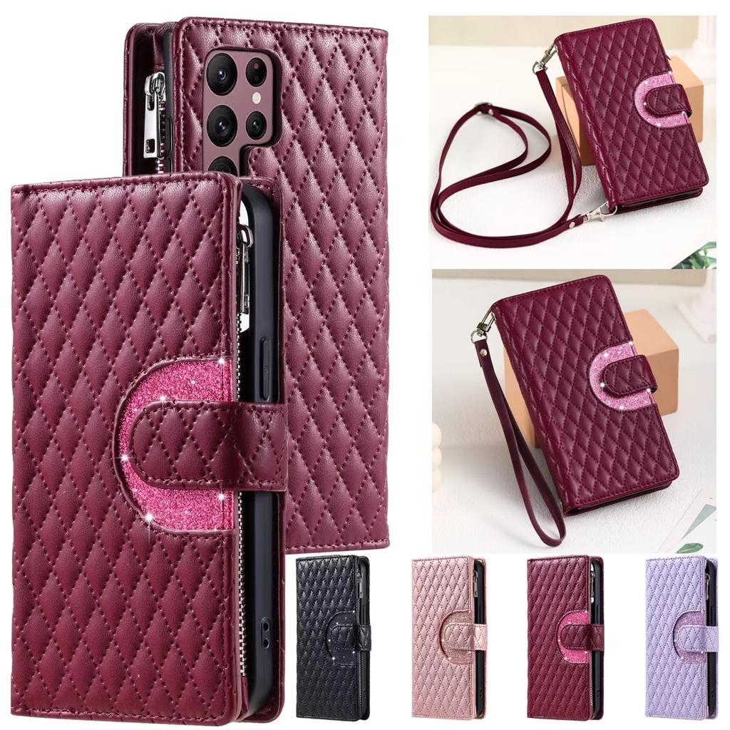 Long Lanyard Zipper Wallet Phone Case for Samsung Galaxy S25 S26 Ultra S24 S23 FE S22 Plus S21 S20 Note 20 Flip Leather Cover