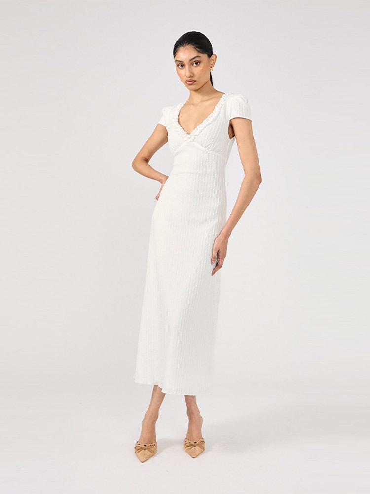 2026 European Spring/Summer Women's Solid Color Deep V-Neck Short Sleeve Long Dress