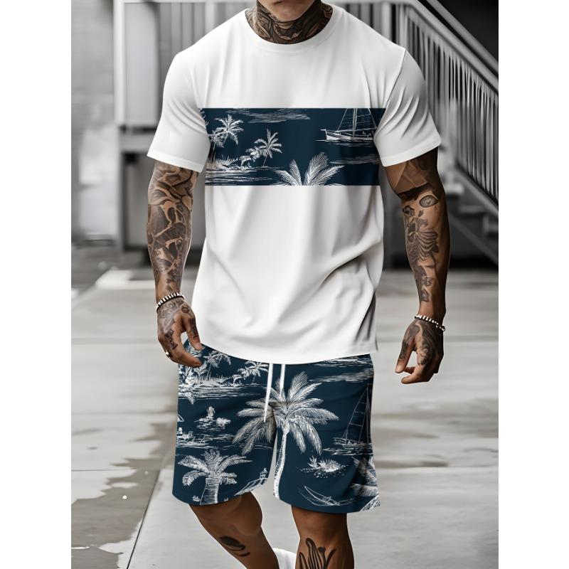 Men's Summer Vacation Short-Sleeve Shirt and Shorts Set Hawaiian-Style Fashion Set Men's Casual T-Shirts Outdoor Beach Shorts