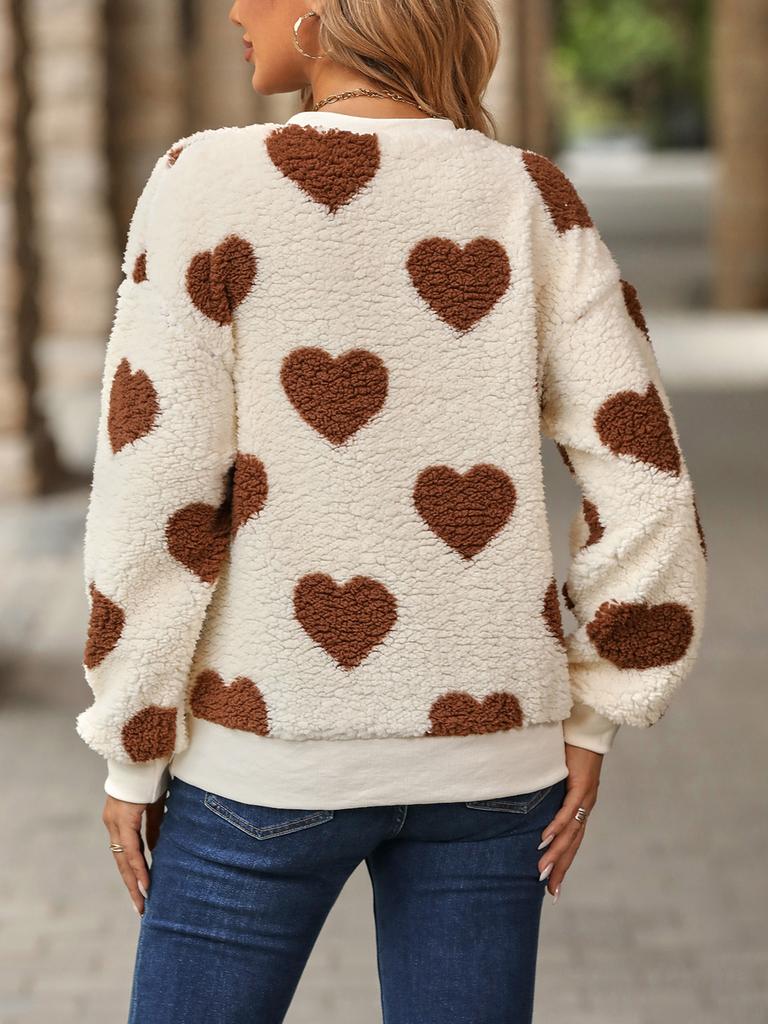 Faux Fur Heart Print Loose Long Sleeve Crew Neck Sweatshirt for Women