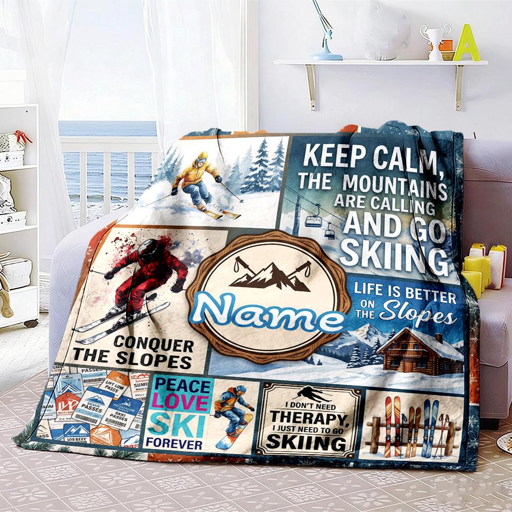 Keep Calm Skiing Theme Customize Your Name Home Blanket S Comfortable Soft Lightweight For All Seasons Use In Picnics Sofas Offices Beds Living Rooms
