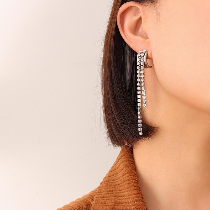 18K Gold Plated Titanium Steel Shiny French Tassel Diamond Earrings