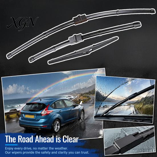 All Weather Wiper Blades 3Pcs/Set Car Kit for Ford Focus 2005-2011, 26/17/14-inch Front Replacement Wipers Rear Kit, Auto Windshield Beam Sun