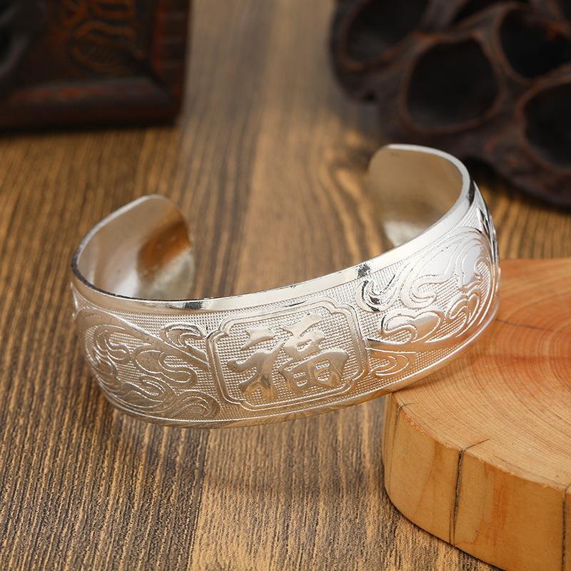 

Ретро браслет из серебра Мяо, персонализированный открытый широкий браслет, древний стиль, ручная работа Гуйчжоу, серебряное украшение, женский браслет