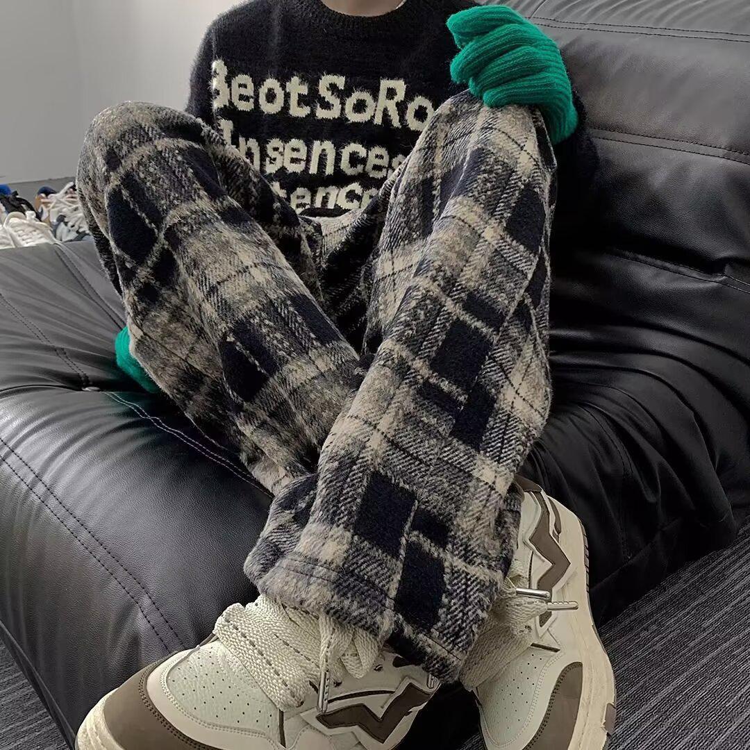 

2024 Мужские брюки в стиле ретро из плотной шерсти в клетку с широкими штанинами — свободные, прямые, повседневные осенние брюки