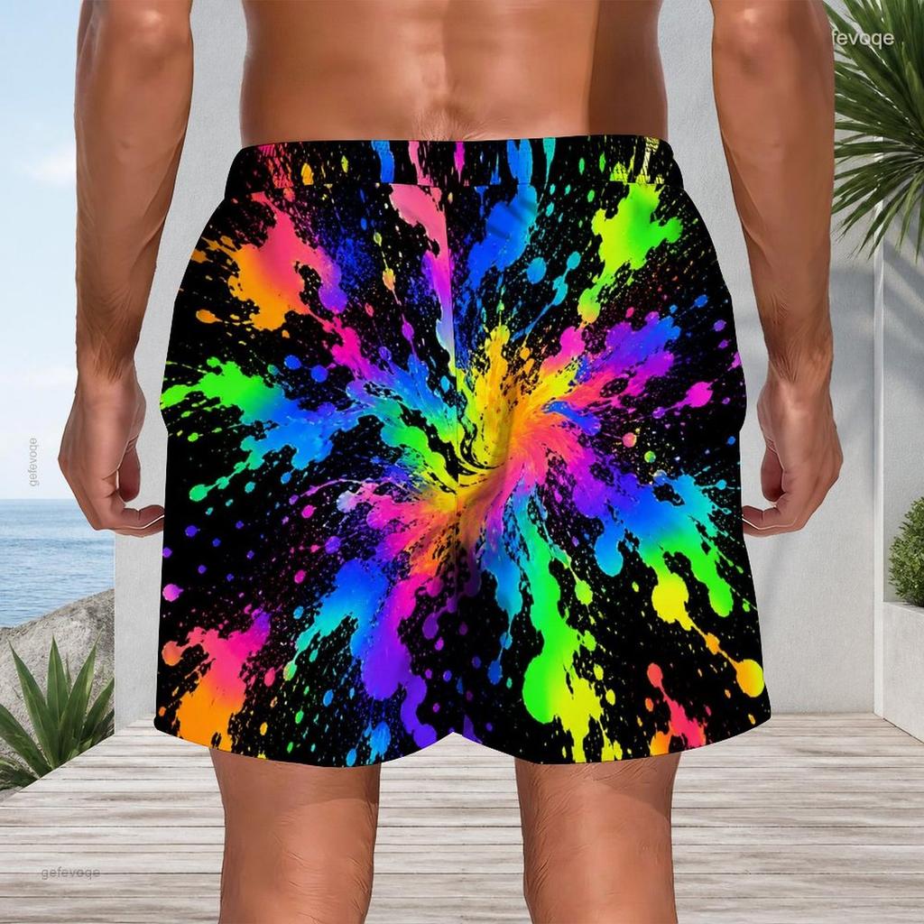 Mens Plus Size Beach Shorts Abstract Star Dripping Print Loose Drawstring Quick Dry Casual Swim Trunks For Summer Beach Surfing Daily Wear