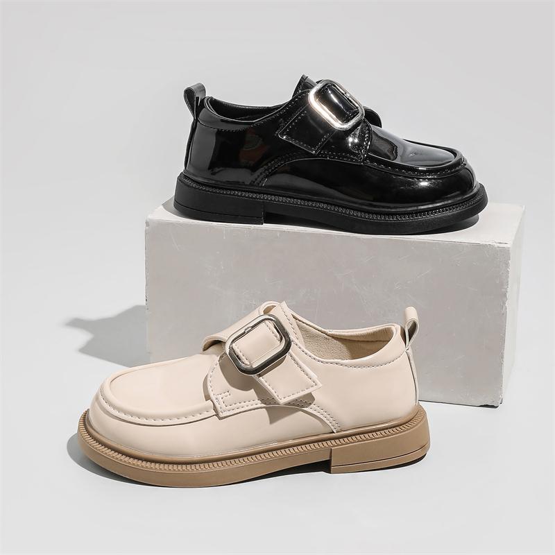 Kids Leather Shoes Black Glossy Pu Girls Princess Shoes Soild Color Metal Decoration 2025 New Children Flats School Trendy Soft