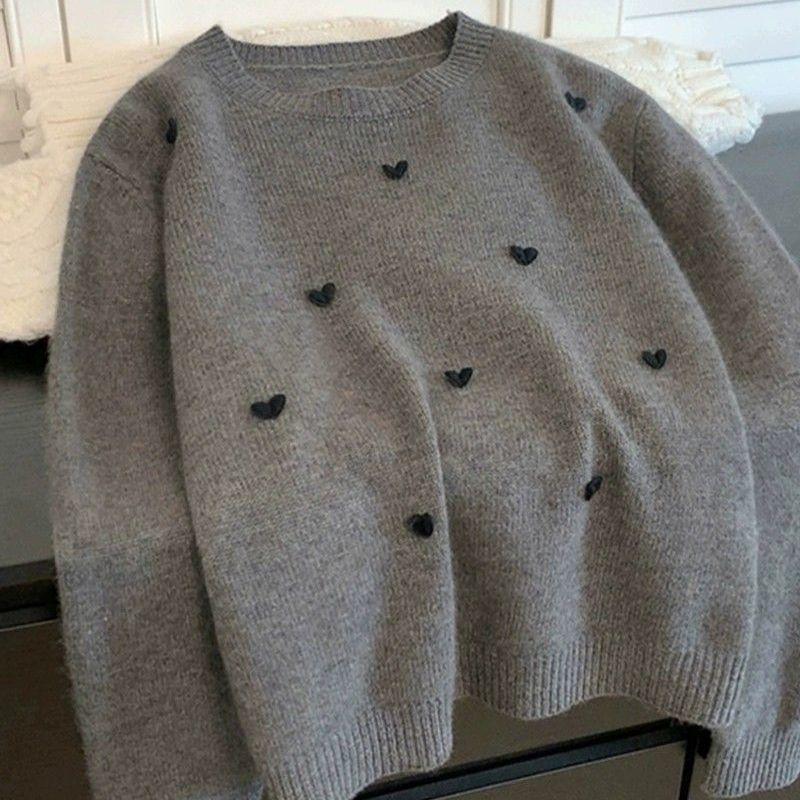

Минималистичный трикотаж с длинными рукавами и узором в виде сердец в корейском стиле, свободный свитер, универсальный повседневный пуловер для женщин XL