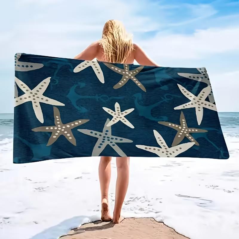 Cute Blue Pink Striped Starfish Seashell Beach Towel Soft Quick Dry Sand Resistant Absorbent Beach Blanket for Beach Summer