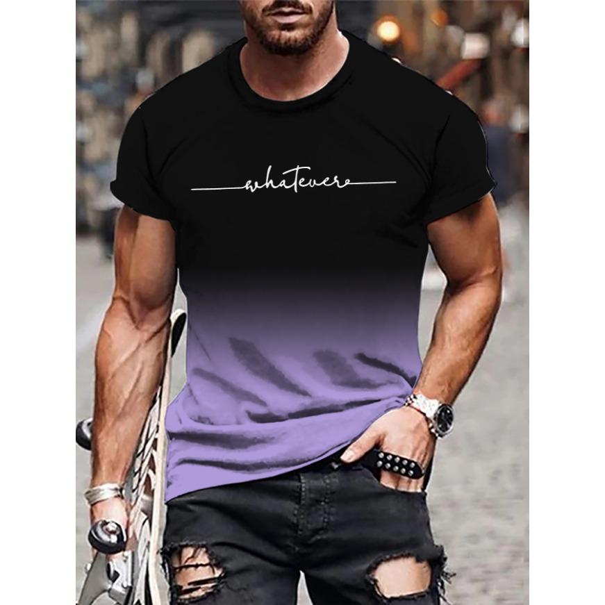 Gradient Letters Crew Neck Short Sleeve Alphabet Print T-Shirt Casual Weekend Wear for Men and Teens Vacation Resorts Spring/Summer/Fall