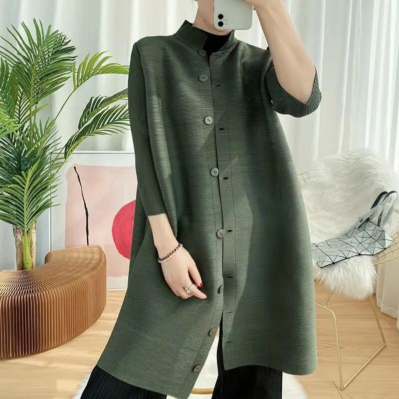 Chaqueta plisada de otoño para mujer, cárdigan holgado japonés con cuello levantado, temperamento versátil, cortavientos de longitud media para mujer