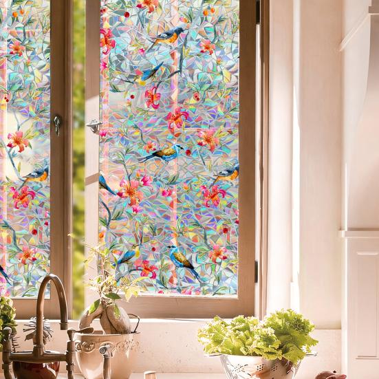 Rainbow Window Privacy Film Waterproof Static Cling Non-Adhesive Flower Pattern Sticker for Home Glass Windows Bedroom Living Room Decor