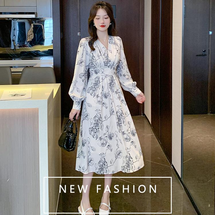 Wiosenna damska sukienka z nadrukiem w stylu Vintage, dekolt w serek, wąskie sukienki Vestidos Elegantes