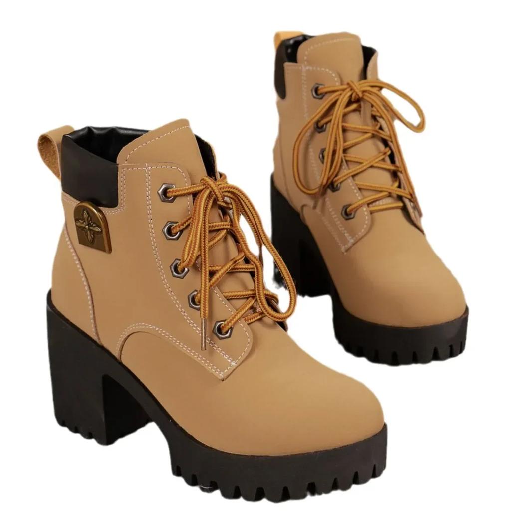 Fashion Women Retro Round Toe Chunky Heels Ankle Boots Autumn New High Heels Shoes Woman Lace Up Platform Short Booties Big Size 42
