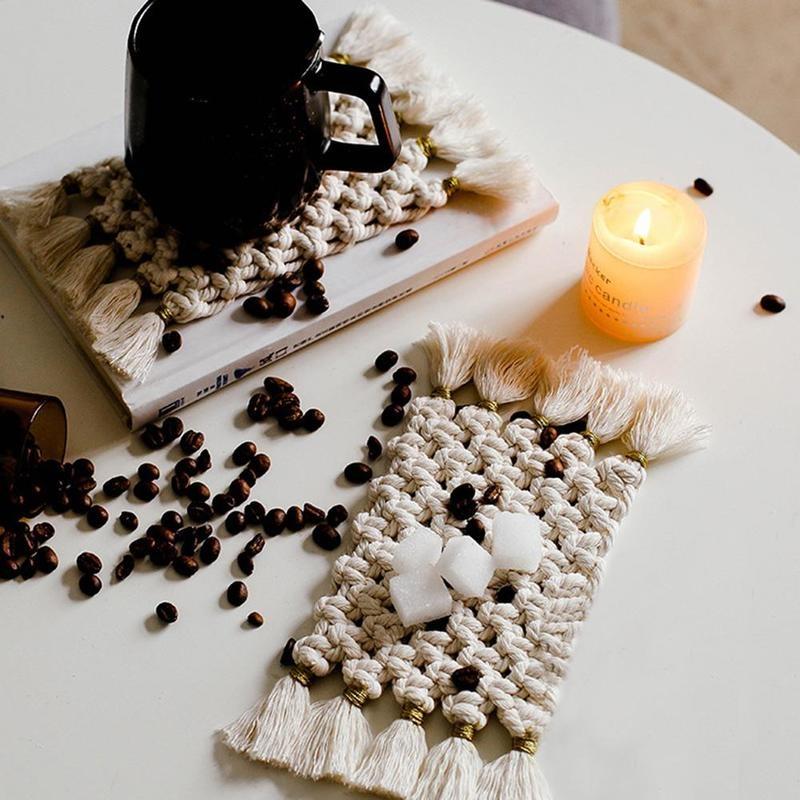 Noua Europa de Nord Macrame Cup Pad Bohemia Față de masă Covoraș de masă din bumbac pur lucrat manual Impletitură anti-alunecare