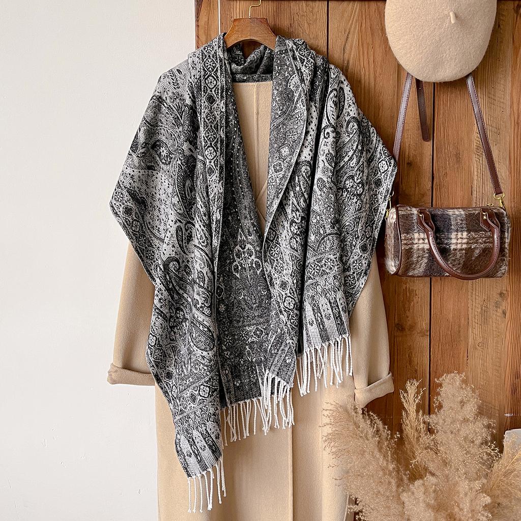 Fashion Winter Warm Cashmere Shawl - Women'S Vintage Floral Printed Tasseled Oil Painting Pashmina Thick Scarf & Echarpe