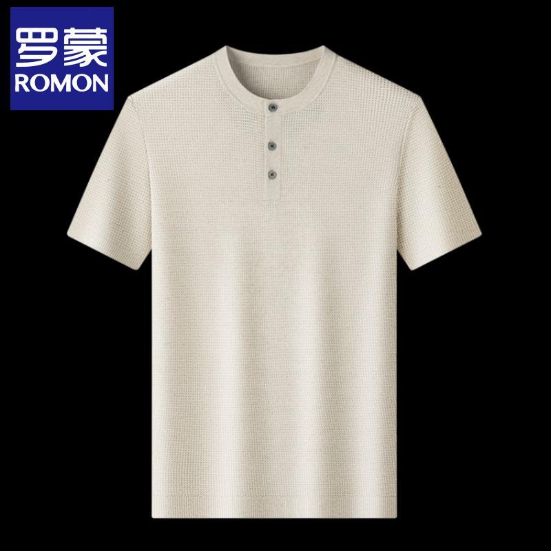 Romon Men's 2026 Summer Tencel Linen Blend Henley Knit T-Shirt