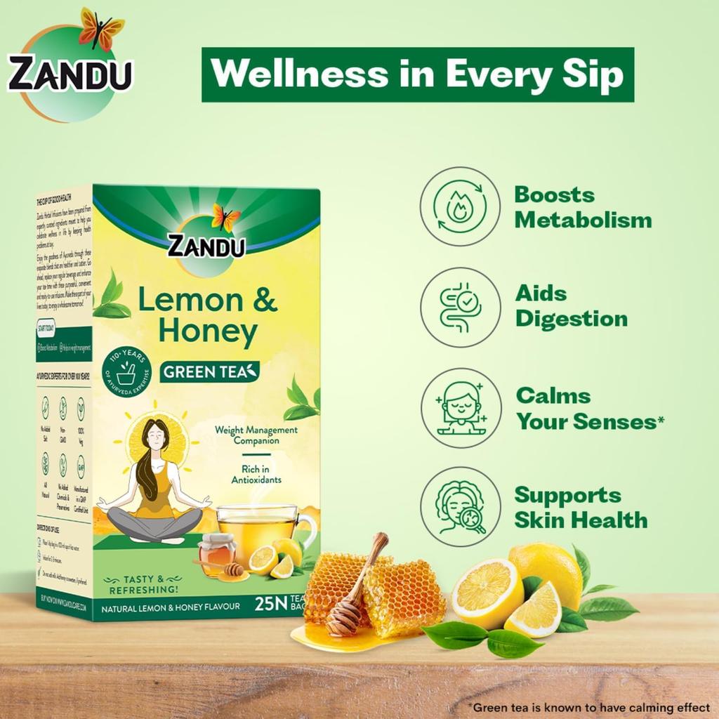 Zandu Lemon Honey Green Tea 25 Tea Bags Refreshing Herbal Tea With Smooth Taste Travel Friendly Anytime Beverage