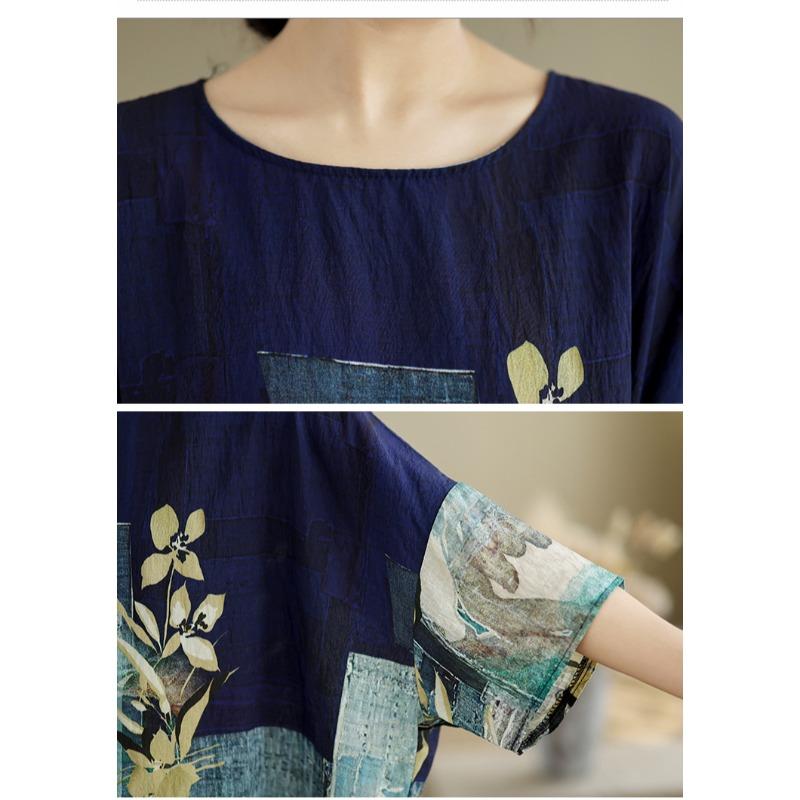 Letnia bawełniana lniana bluzka w stylu etnicznym z luźnym dużym rozmiarem, z okrągłym dekoltem, damska koszulka z krótkim rękawem