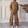2 Pcs/Set Blouse Pants Set V Neck Long Sleeves Button Decor Top Wide