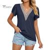 Tee Top V-neck Petal Short Sleeve Women T-shirt Summer Shirt Golden Lace Stitching Loose Pullover Streetwear