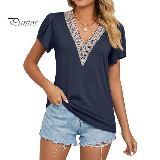Tee Top V-neck Petal Short Sleeve Women T-shirt Summer Shirt Golden Lace Stitching Loose Pullover Streetwear