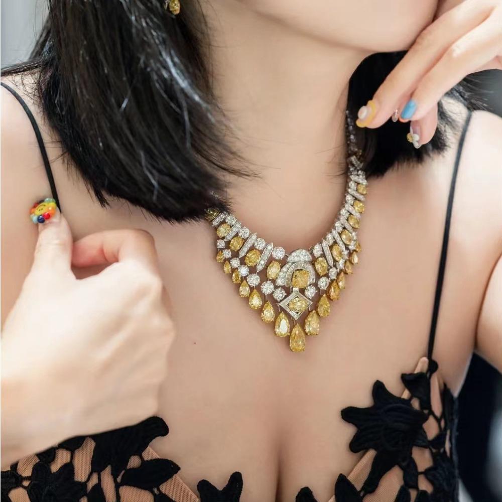 Royal Blue Sapphire Necklace Wedding Party Pink Diamond Set Light Luxury Yellow Diamond Jewelry for Women