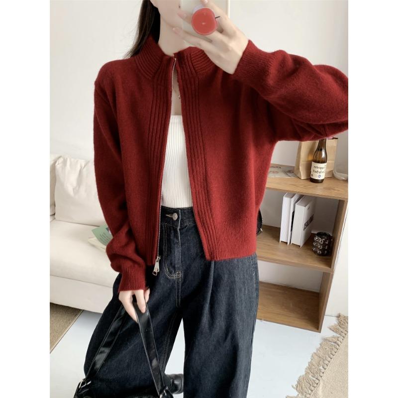 Stand-up collar zipper knitted cardigan women's autumn and winter design sense round neck loose versatile short casual sweater jacket