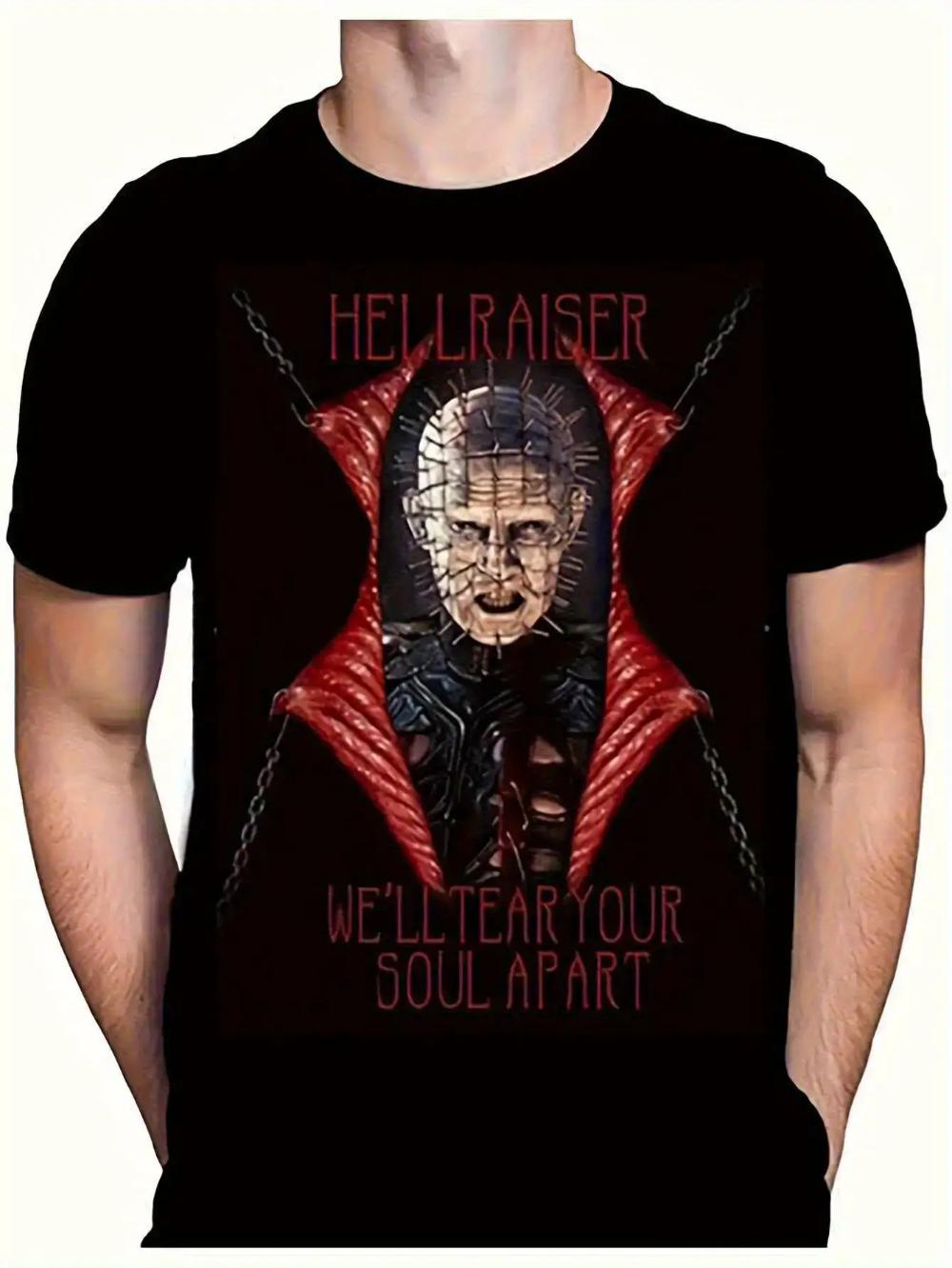Унисекс футболка Hellgate Pinhead Готический Хоррор Принт Лица Пинхеда Текст «Мы вырвем твою душу» Круглый вырез Повседневная футболка S