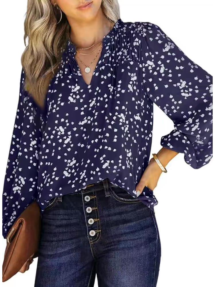 

Летняя женская блузка с V-образным вырезом в горошек с драпировкой - Топ для работы с длинным рукавом XL