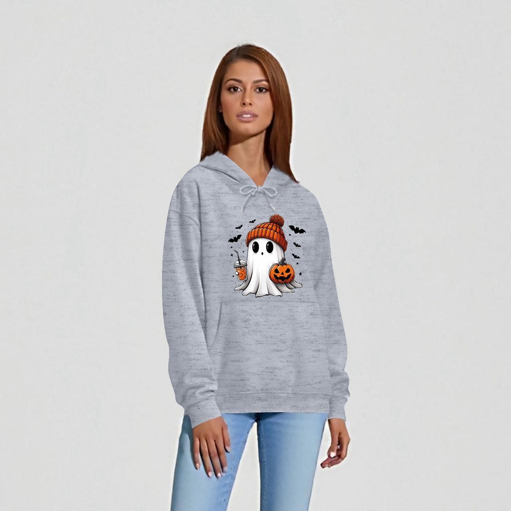 Women's O-neck Long Sleeve Halloween Printed Top Solid Color Hoodie