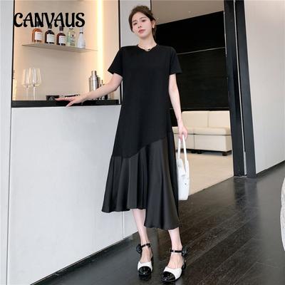 Summer Long Loose Plus Size Women's Dress Splicing Fishtail Dress Big Swing Short Sleeve Dresses